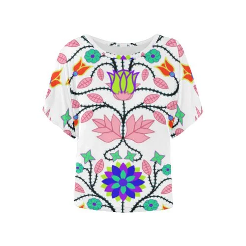 Floral Beadwork Four Clans White Women's Batwing-Sleeved Blouse T shirt Embroidered Floral Blouse