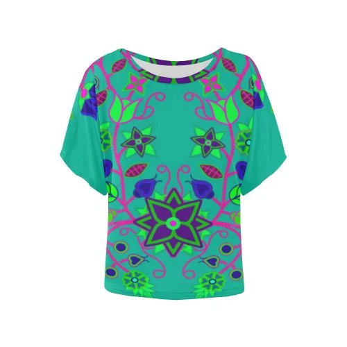 Floral Beadwork Seven Clans Deep Lake Women's Batwing-Sleeved Blouse T shirt Elegant Semi-Sheer Blouse