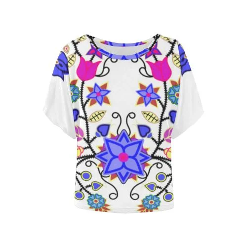 Floral Beadwork Seven Clans White Women's Batwing-Sleeved Blouse T shirt Off-Shoulder Wrap Blouse
