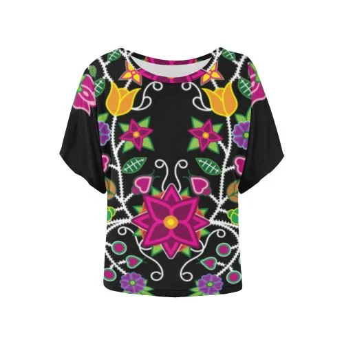 Floral Beadwork Women's Batwing-Sleeved Blouse T shirt Chic Wrap Blouse