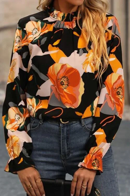 Floral Flounce Sleeve Blouse Elegant Office Blouse