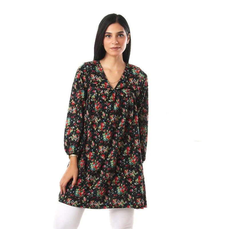Floral Patterned Loose V-neck Blouse Elegant Silk Blouse