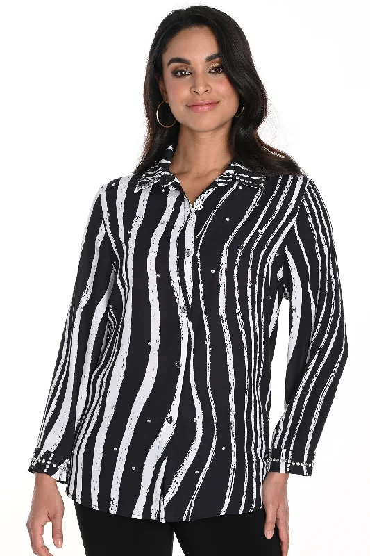 Frank Lyman 243480U Black Off White Print Blouse Elegant Peplum Blouse