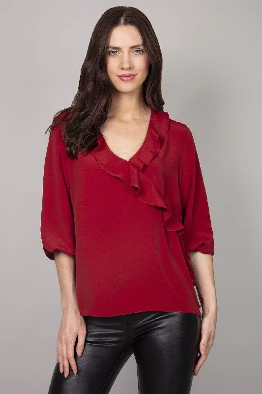 Frill Blouse in Burgundy Satin Bow Blouse