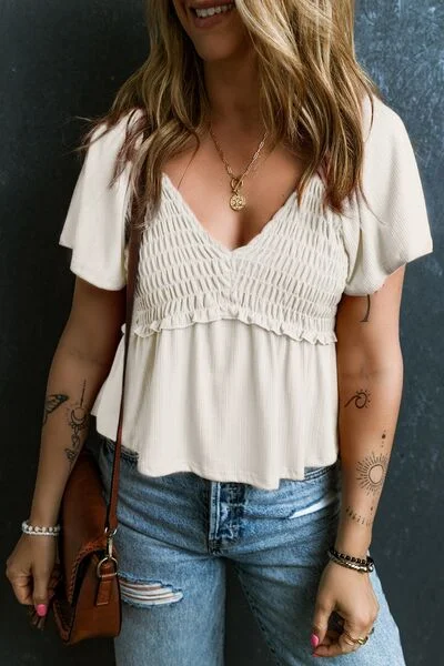 Frill Ruched V-Neck Short Sleeve Blouse Satin Drape Blouse