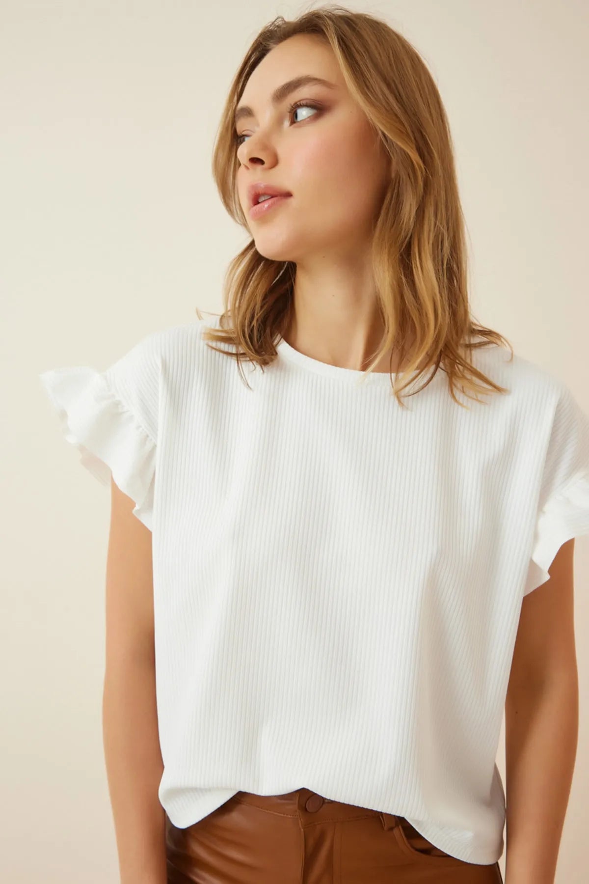 Happiness Istanbul Women's White Ruffle Knitted Blouse Feminine Puff Blouse