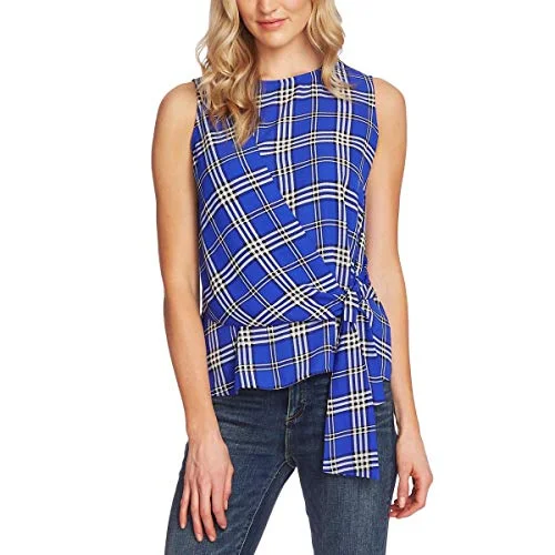Highland Plaid Assymetrical Sleeeless Blouse Stretchy Fitted Blouse