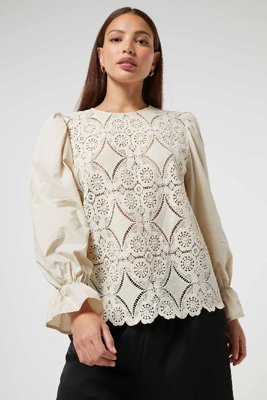 Jovonna Bran Beige Lace Round Neck Puff Sleeve Blouse Casual Button Blouse
