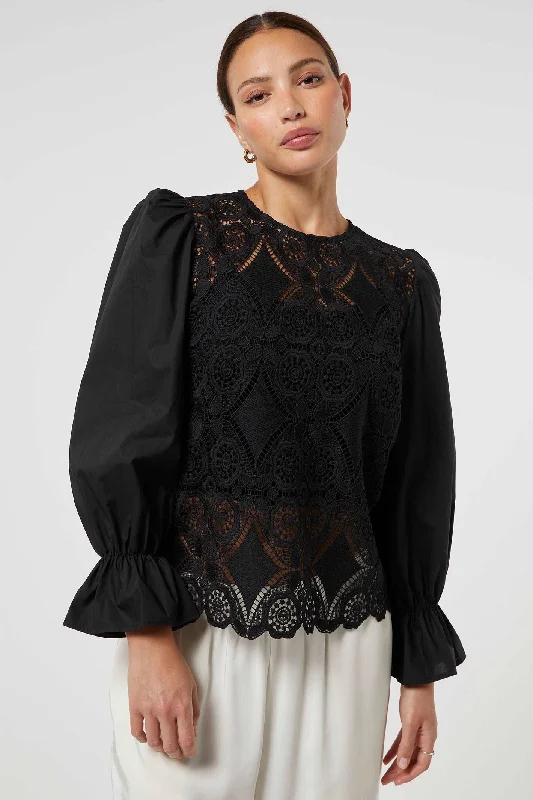 Jovonna Bran Black Lace Round Neck Puff Sleeve Blouse Collared Satin Blouse