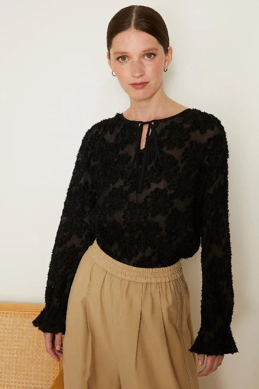 Jovonna Kielo Black Embroidery Flower Tie Neck Blouse Off-Shoulder Wrap Blouse