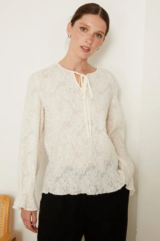 Jovonna Kielo Cream Embroidery Flower Tie Neck Blouse Elegant Silk Blouse