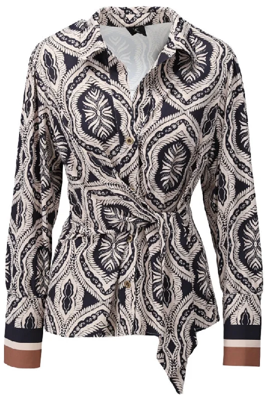 K-Design Blouse Cream Print Wrap Tie Front Z320 (P888) Drape Neck Blouse