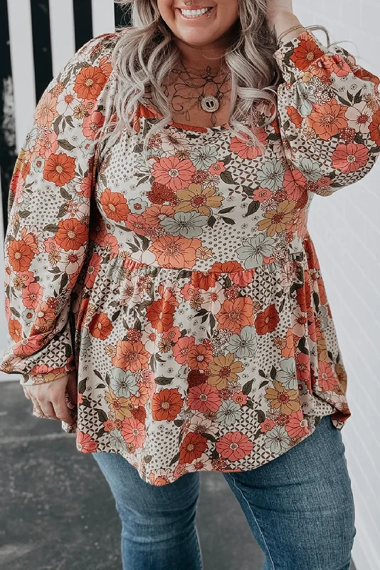 Khaki Plus Size Flower Print Square Neck Peplum Blouse Classic White Blouse