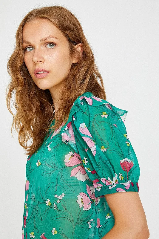 Green-Figured Blouse Chic Off-Shoulder Blouse