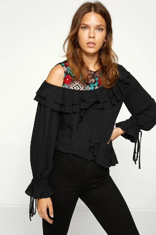 Women Black Blouse Elegant Office Blouse