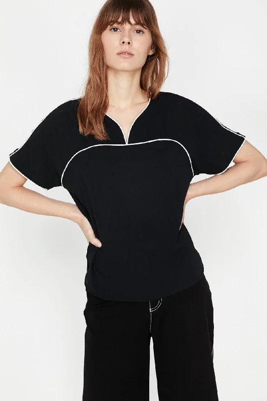 Women Black Blouse Asymmetric Hem Blouse