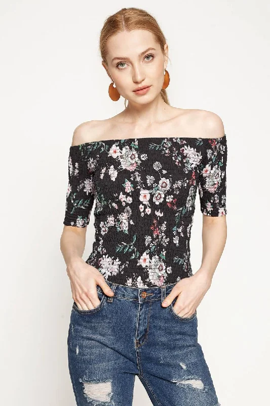 Women Black Print Blouse Modern Work Blouse