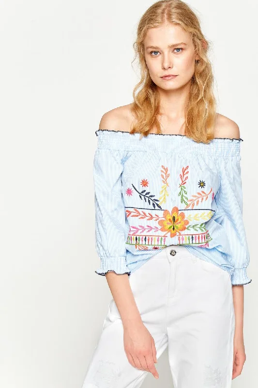 Women Blue Striped Blouse Double-Layered Blouse