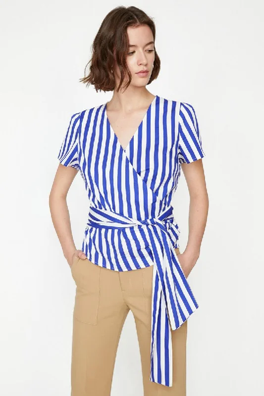 Women Blue Striped Blouse Elegant Semi-Sheer Blouse
