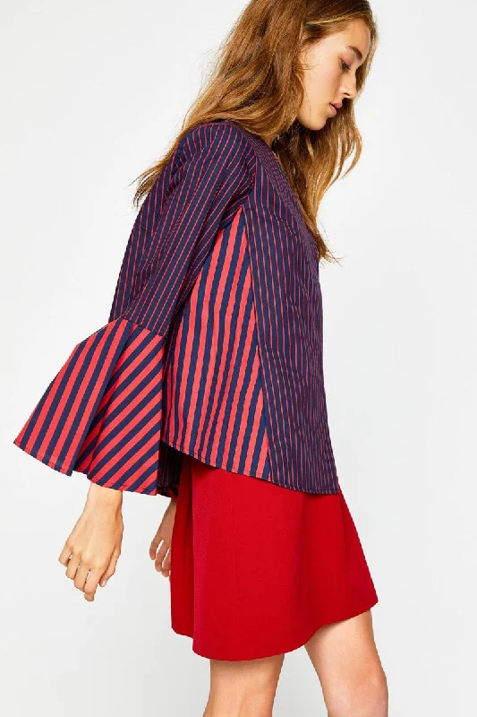 Women Navy Blue Striped Blouse Vintage Lace Blouse