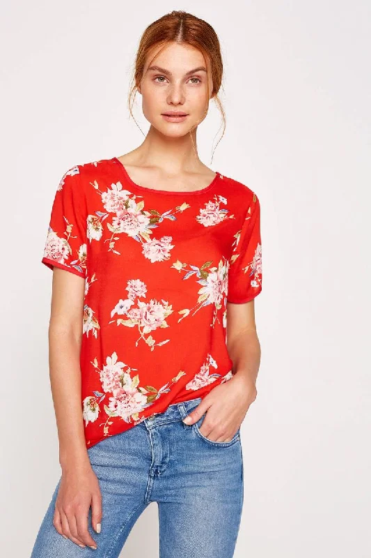 Women Orange Print Blouse Satin Long Blouse