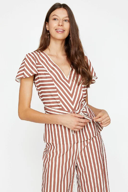 Women Raw White Striped Blouse Wrap Front Blouse