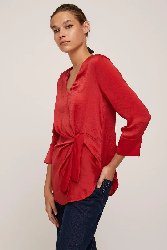 Women Red Blouse Silky Tunic Blouse