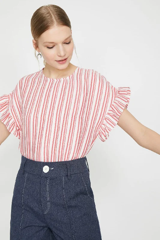 Women Red Striped Blouse Semi-Sheer Blouse