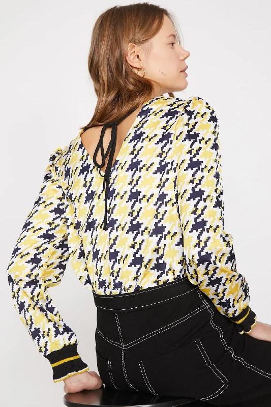 Women Yellow Print Blouse Puff Sleeve Blouse