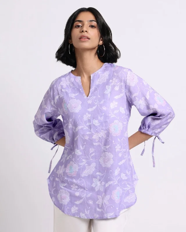 Lavender Bloom Print Linen Blouse Chic Square Blouse