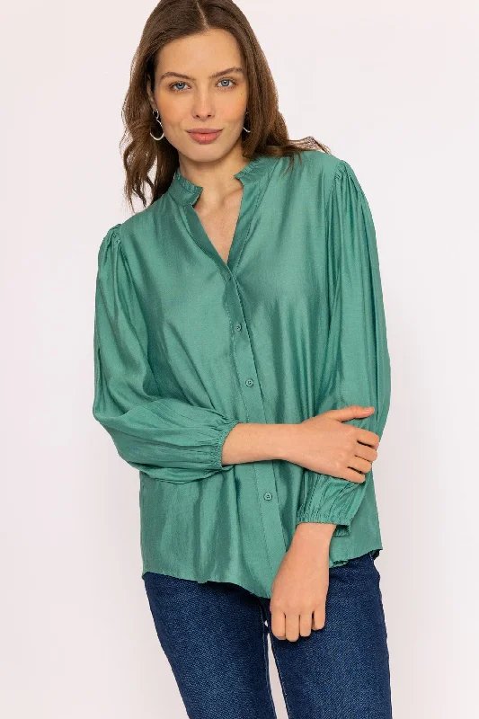 Long Sleeve Spring Blouse in Green Drape Neck Blouse
