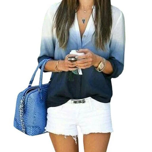 Long Sleeved V Neck Casual Fashion Women’s Gradient Color Blouse Tops Feminine Satin Blouse