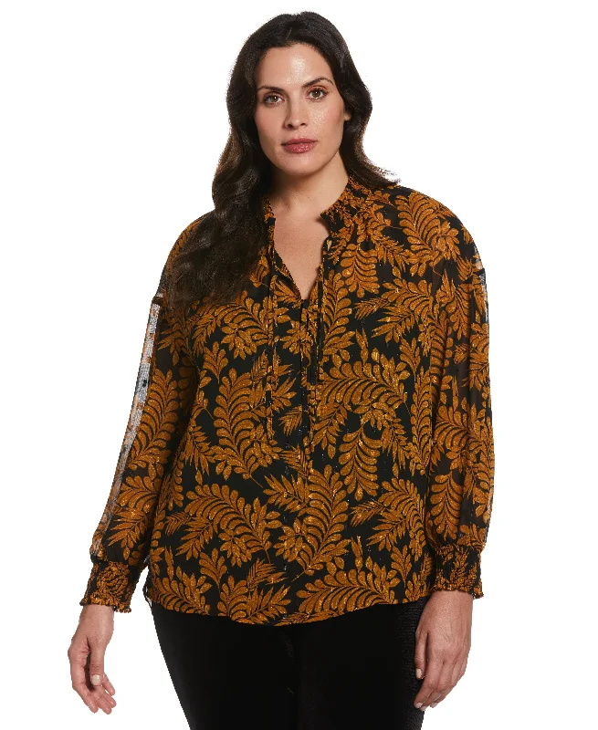 Plus Size Metallic Leaves Print Blouse High Neck Blouse