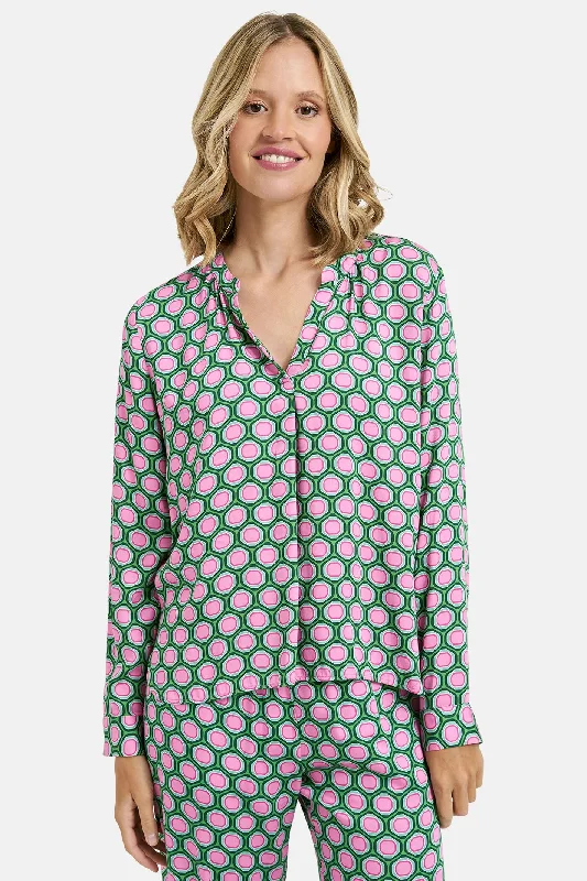 Milano 41-6240-3581 Kiwi Green Geometric Print Collarless Blouse Lightweight Linen Blouse Milano 41-6240-3581 Kiwi Green Geometric Print Collarless Blouse Lightweight Linen Blouse