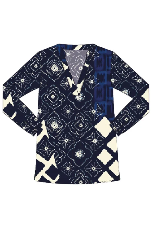 Milano 43-6326-3061 Navy Print V-Neck Blouse Stretchy Fitted Blouse