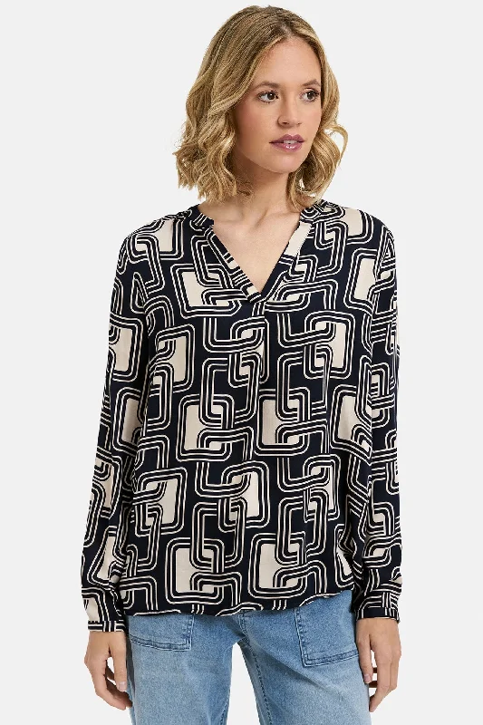 Milano 43-6386-3061 Navy Print V-Neck Blouse with Pleat at Cuff Soft Knit Blouse