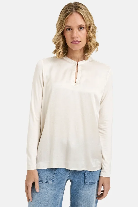 MILANO 43-6976-8572 Cream Longsleeve Roundneck Blouse Slit Cuff Sheer Mesh Blouse