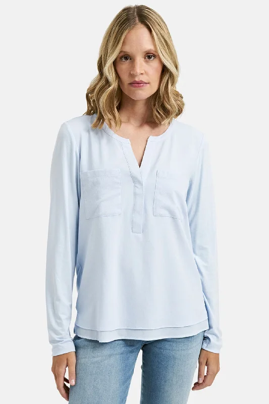 Milano 99-7401-8156-7 Sky Blue Split Neck Blouse Lightweight Linen Blouse
