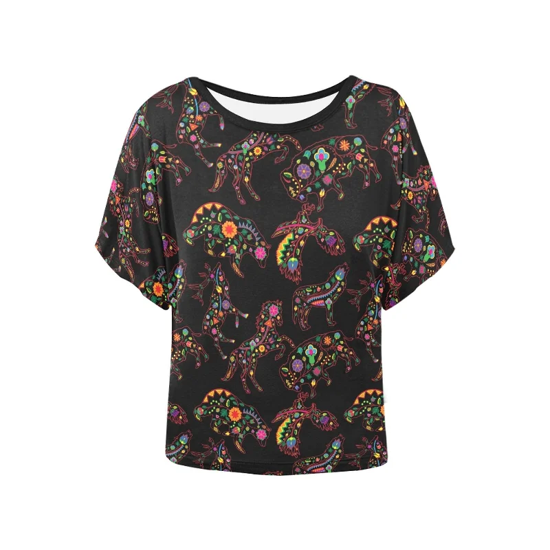 Neon Floral Animals Women's Batwing-Sleeved Blouse T shirt Chic Wrap Blouse