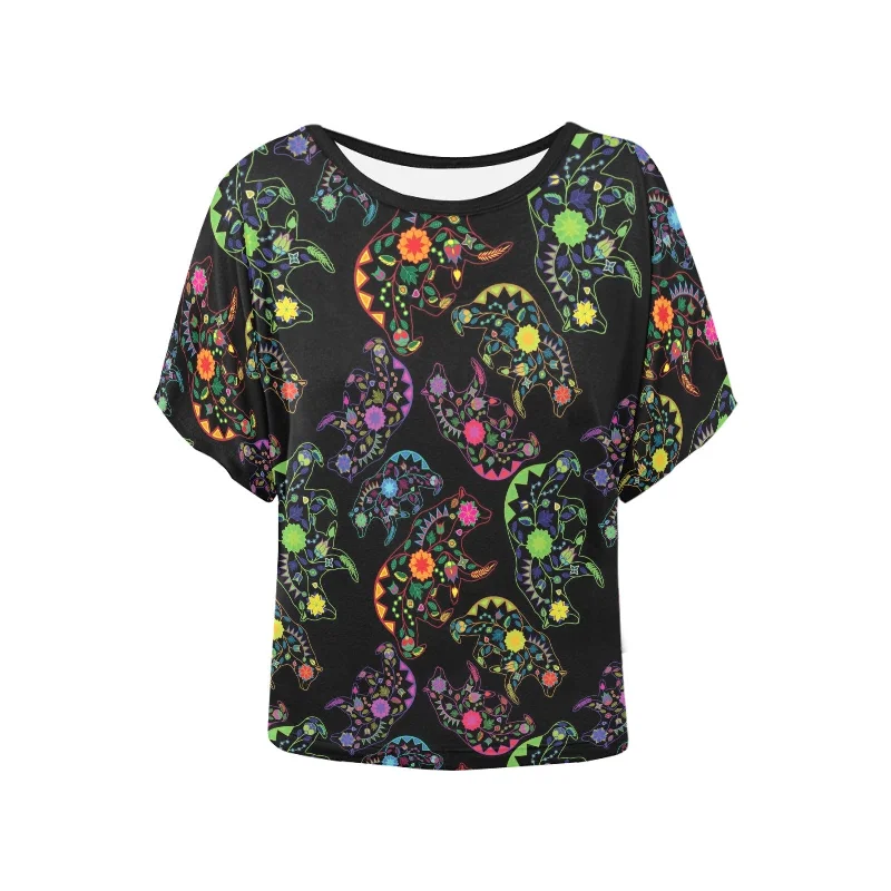 Neon Floral Bears Women's Batwing-Sleeved Blouse T shirt Elegant Embroidery Blouse