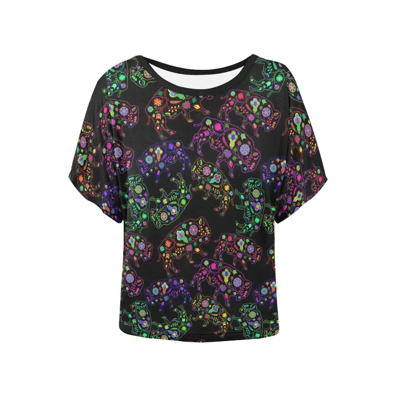 Neon Floral Buffalos Women's Batwing-Sleeved Blouse T shirt Elegant Semi-Sheer Blouse
