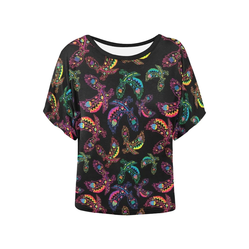Neon Floral Eagles Women's Batwing-Sleeved Blouse T shirt Embroidered Cotton Blouse