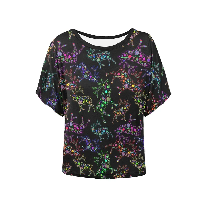 Neon Floral Elks Women's Batwing-Sleeved Blouse T shirt Lightweight Linen Blouse