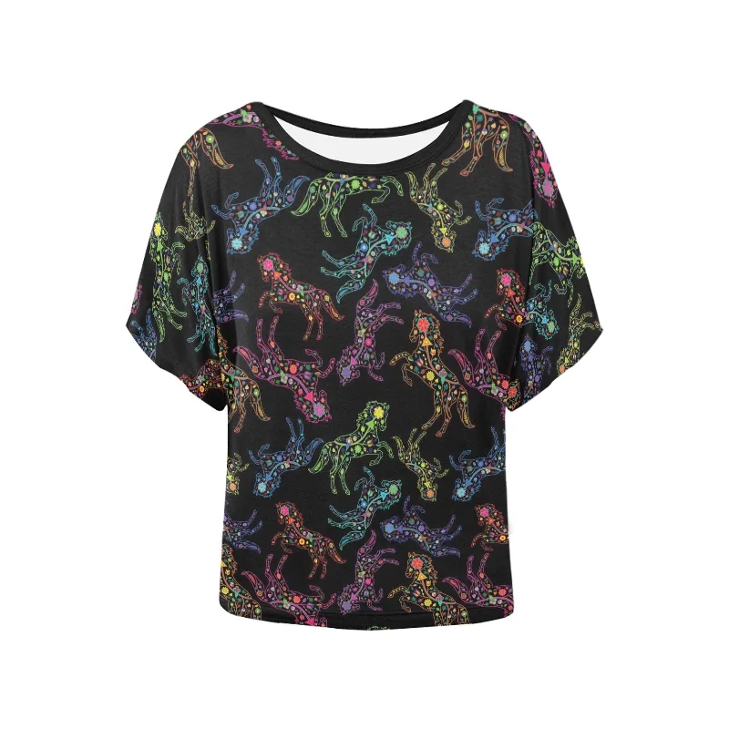 Neon Floral Horses Women's Batwing-Sleeved Blouse T shirt Vintage Lace Blouse