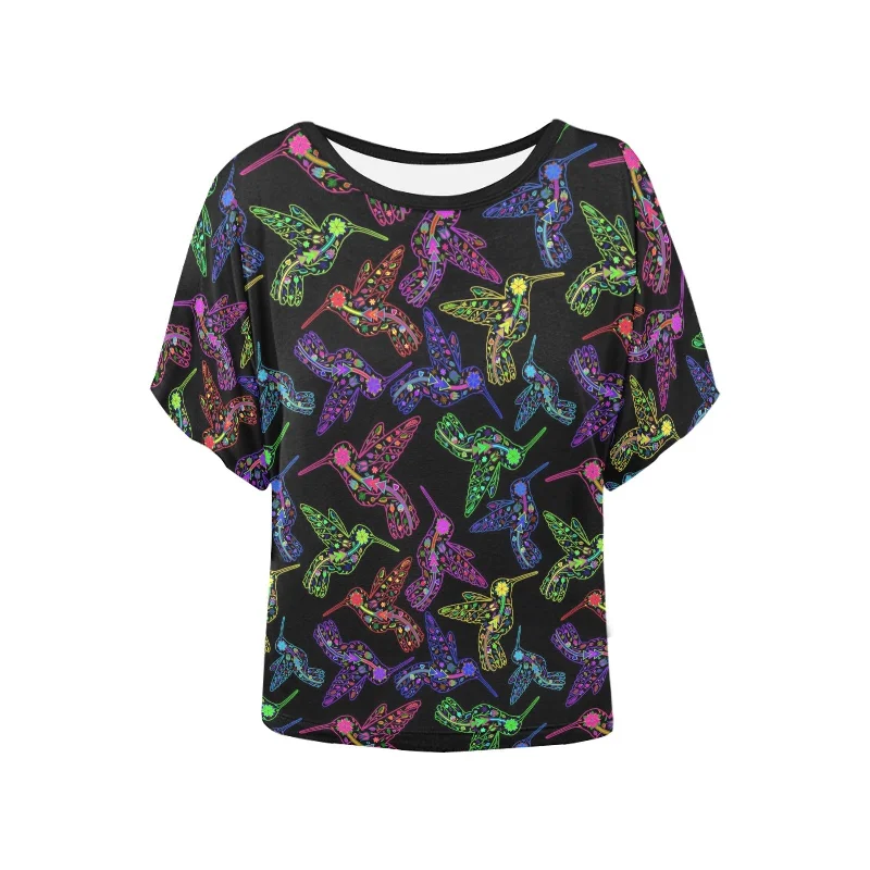 Neon Floral Hummingbirds Women's Batwing-Sleeved Blouse T shirt Feminine Pastel Blouse