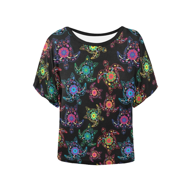Neon Floral Turtle Women's Batwing-Sleeved Blouse T shirt Elegant Peplum Blouse