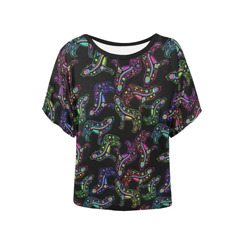 Neon Floral Wolves Women's Batwing-Sleeved Blouse T shirt High Neck Blouse