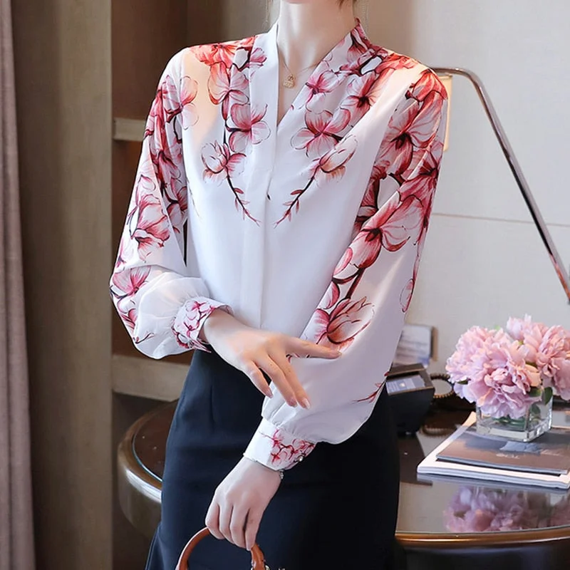 Women flower shirts Chiffon Blouse Satin Bow Blouse