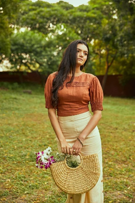 Nutmeg Breezy Blouse | Brown Bamboo Hemp Fabric Top Double Button Blouse