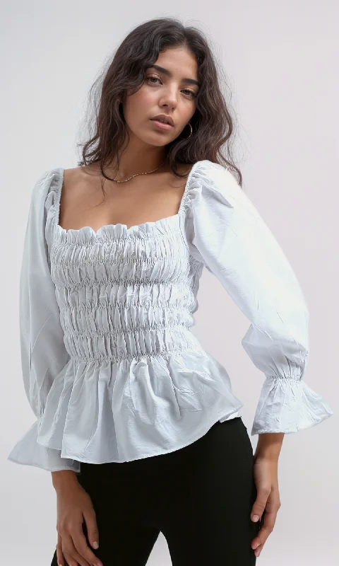 O189740 Peplum Blouses Square Neck White Ruffle Long Sleeve Asymmetric Hem Blouse